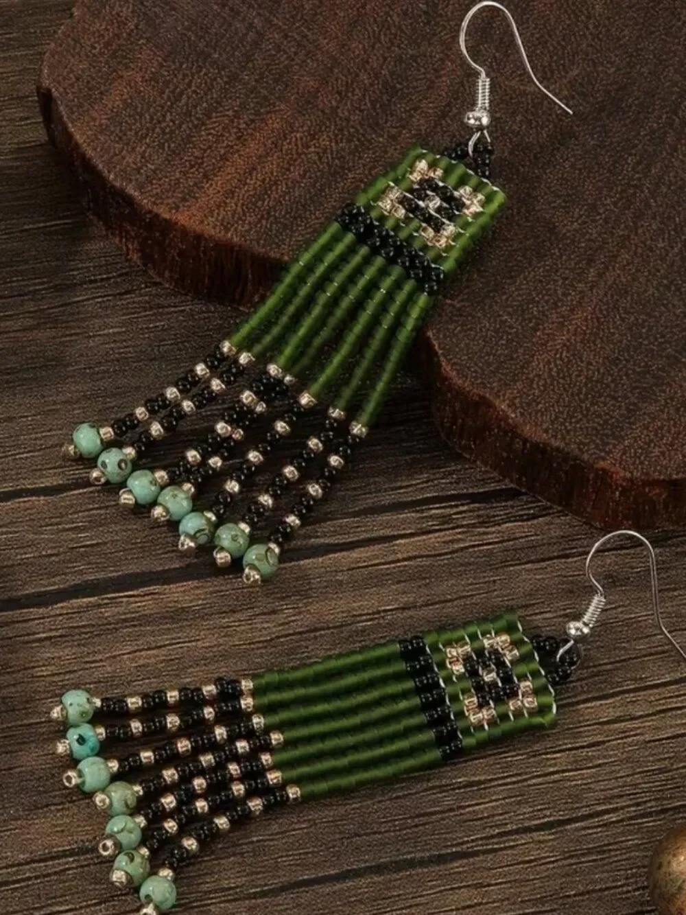 NWT Boho Green Glass Beaded Fringe Tassel Earrings Native Tribal Pattern